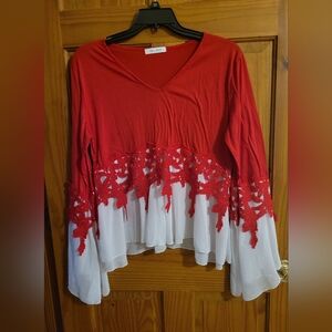 Cellabie Red and White Lace Accent Blouse